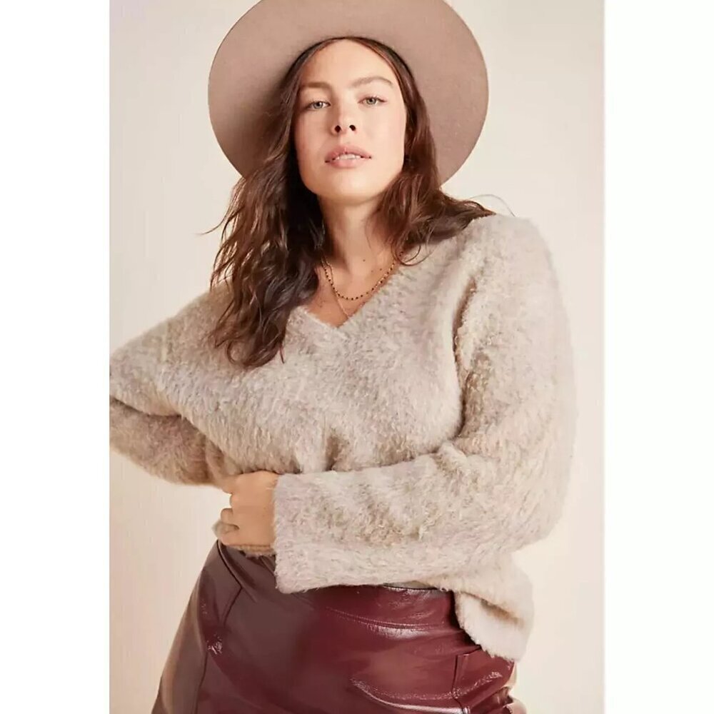 Anthropologie Fuzzy Simone Sweater Merino Wool Alpaca V Neck Pullover Cream MP